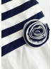 Ivory And Navy Blue Striped Taffeta Flower Girl Dress With Flower